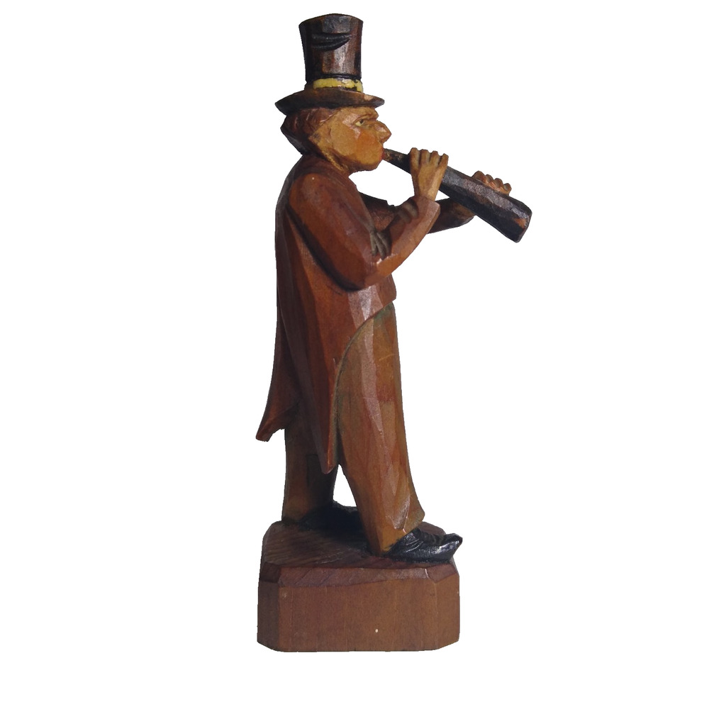 ANRI Vintage Wood Figurine Man Musician Top Hat Hand-Carved Folk Art Decor 4.25"